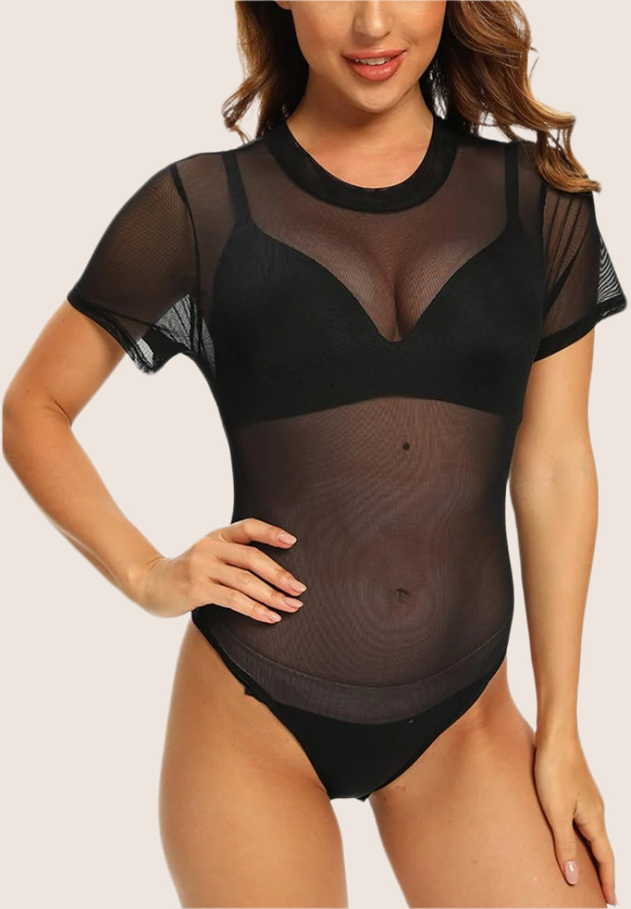 Women Short Sleeve Black Body Suit Tops Sheer Mesh See through Bodysuit Shirt Jumpsuit Rompers Leotard