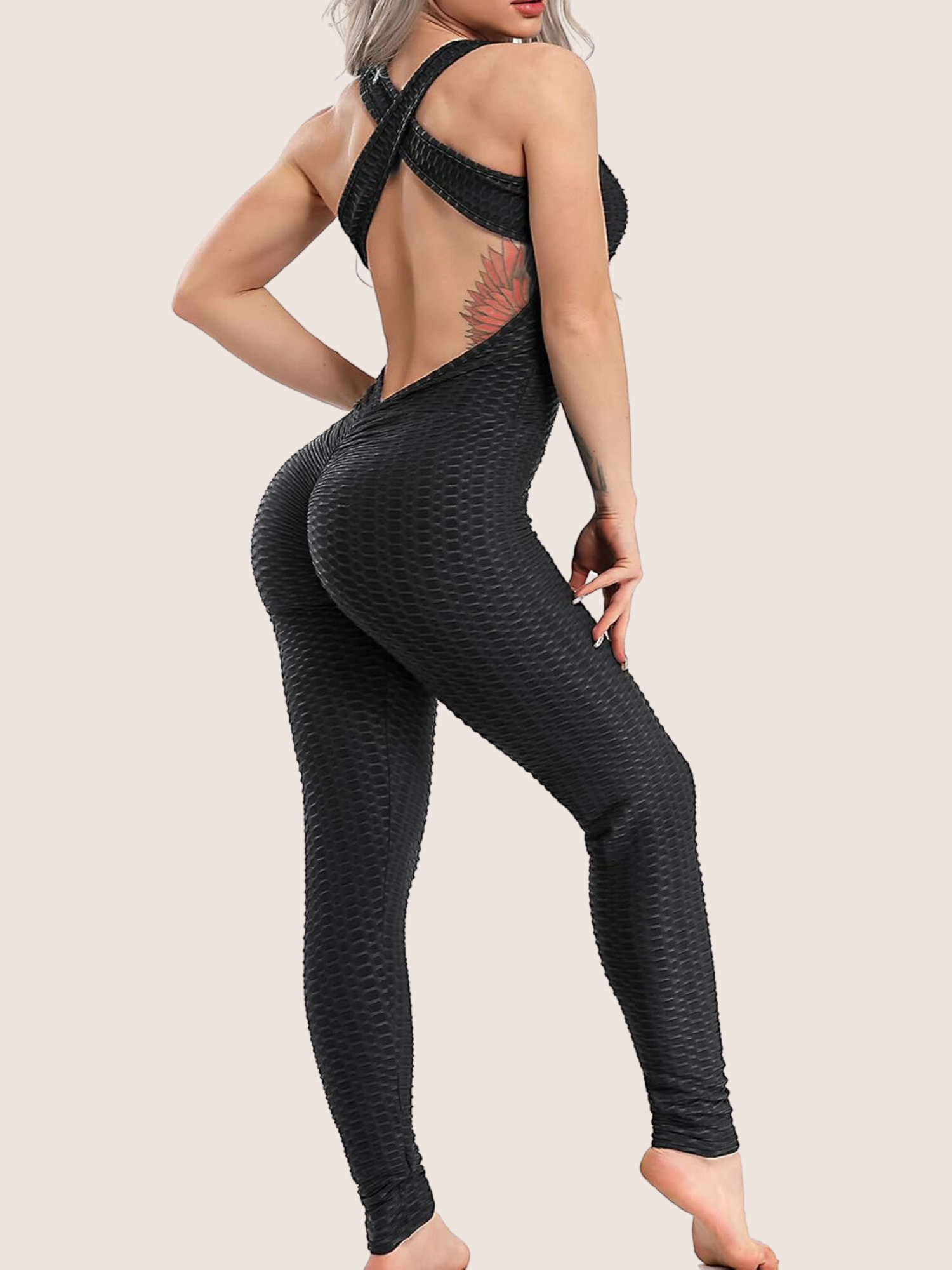 SEASUM One Piece Textured Open Back Bandage Workout Gym Jumpsuit Romper