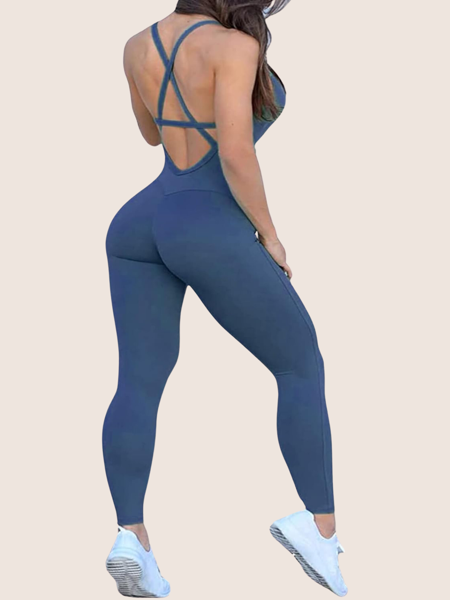 SEASUM One Piece Textured Open Back Bandage Workout Gym Jumpsuit Romper