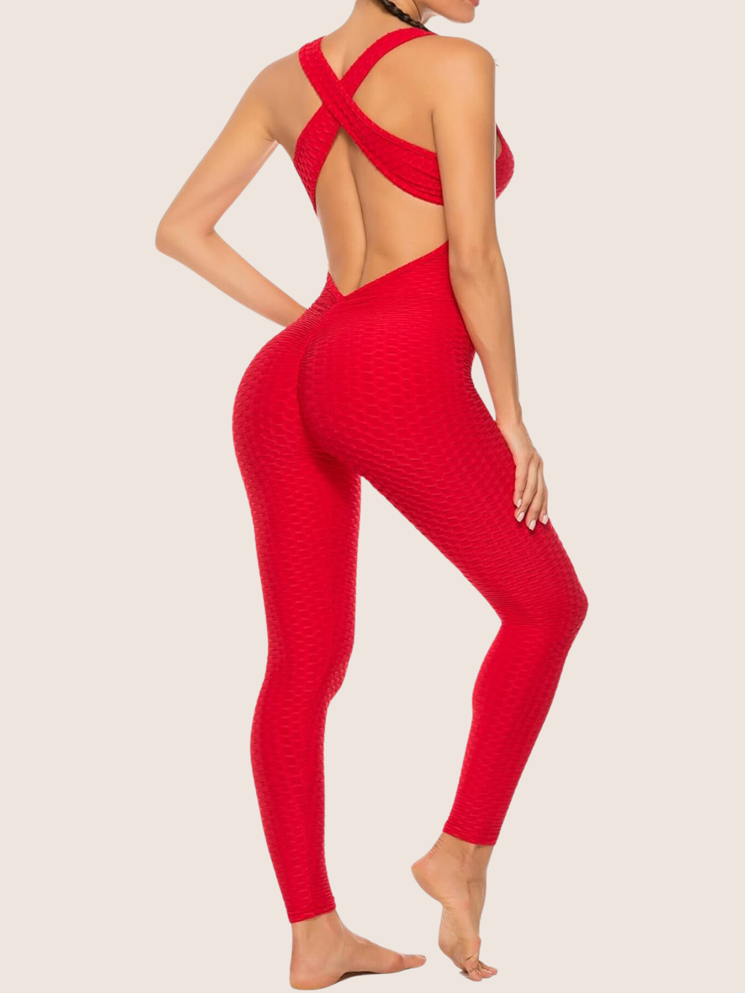 SEASUM One Piece Textured Open Back Bandage Workout Gym Jumpsuit Romper