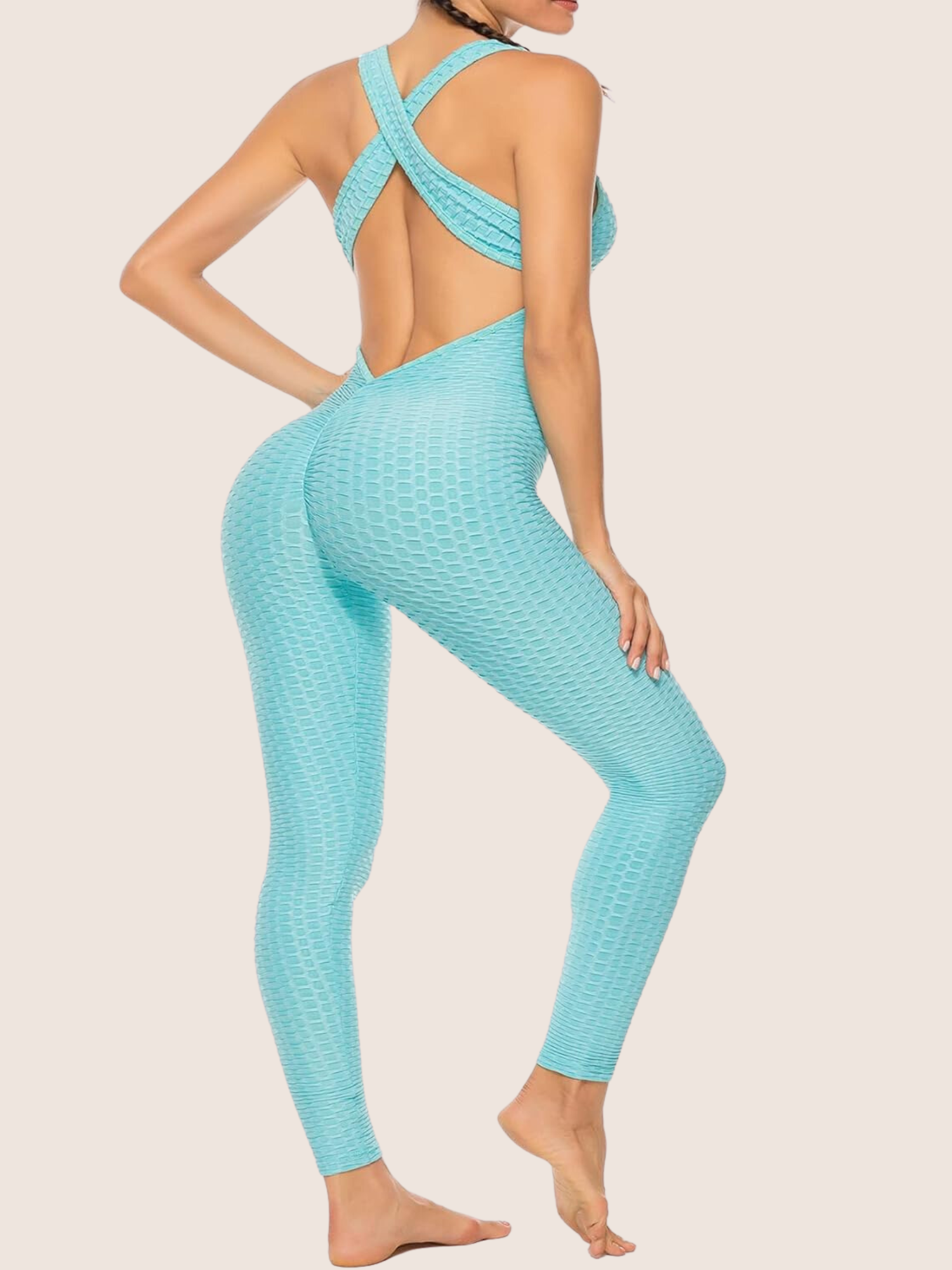 SEASUM One Piece Textured Open Back Bandage Workout Gym Jumpsuit Romper